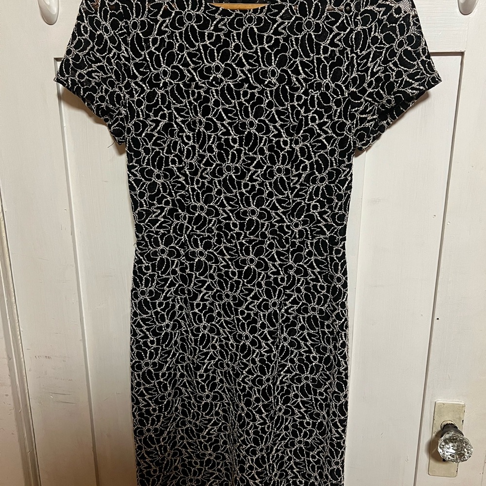Adrianna Papell Black Dress with White Floral Lace Pattern